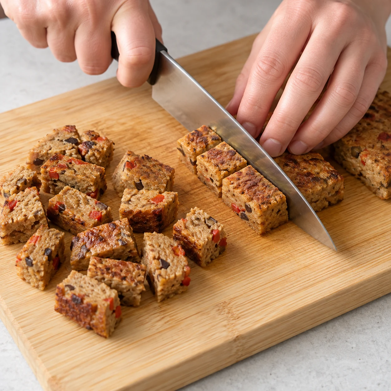 Découpe sûre de carrés de blé au seitan déjà dorés, en morceaux anguleux.