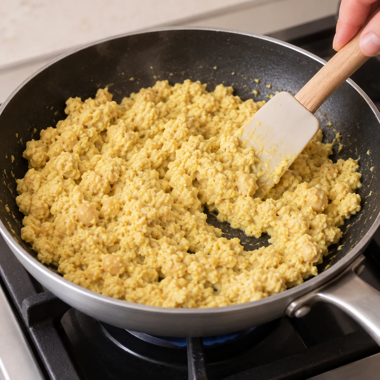 Spatule remuant une brouillade jaune pâle de pois chiches liés au yaourt soja dans une petite poêle. Aucun pain dans la poêle.