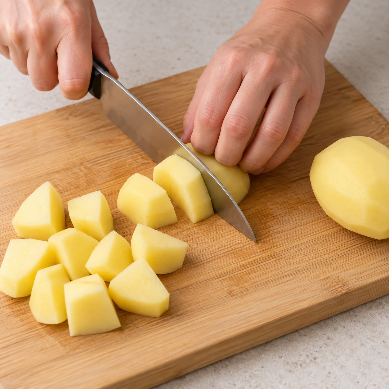 Coupez la pomme de terre en morceaux sur une planche stable, avec les doigts repliés. Montrer uniquement les ingrédients présents à cette phase.