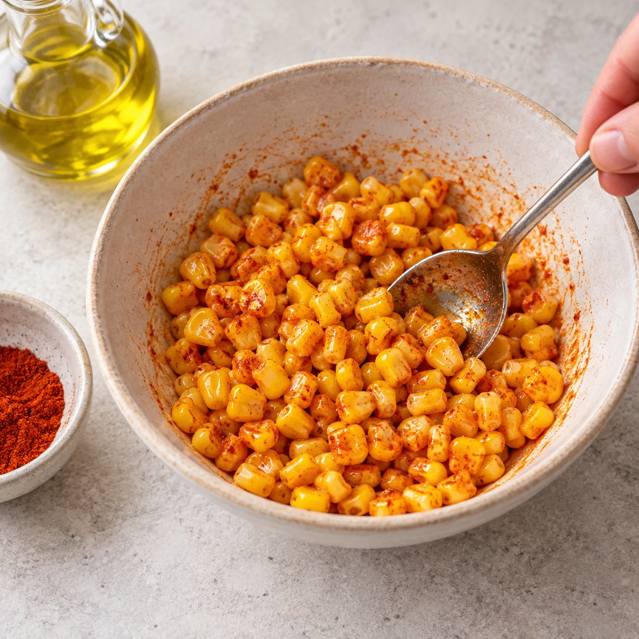Enrobez les 160 g de maïs en conserve égoutté de paprika et d’huile d’olive, dont les quantités ne sont pas précisées.
