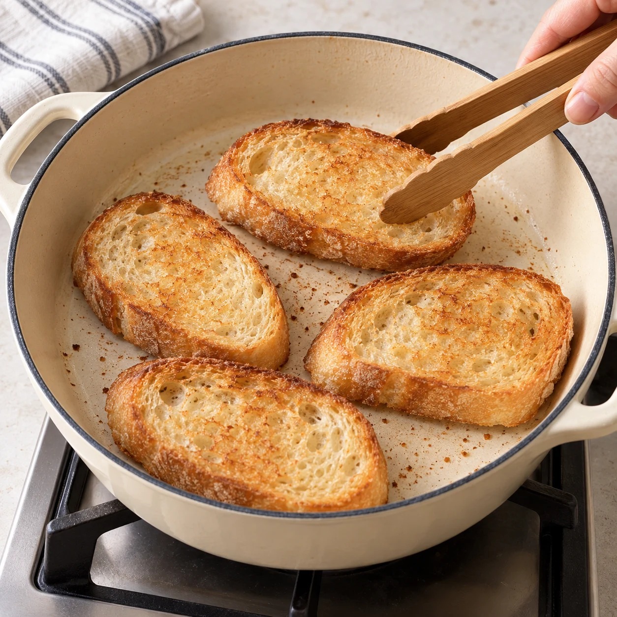 Photographie carrée de livre de recettes, une seule action : Griller le pain. Faites griller les tranches de pain prévues pour accompagner la soupe, jusqu’à ce que leur surface soit dorée. La source ne donne ni quantité de tranches ni durée. État attendu : La surface du pain est dorée, sans zone carbonisée. Montrer exclusivement Pain en tranches. Cocotte émaillée crème et plan de travail pierre pâle, lumière naturelle. Le bacon, le cheddar et les laitages de la capture source sont remplacés par les ingrédients végétaux documentés. Aucun texte, marque, bijoux, visage, corps ou identité de la personne.
