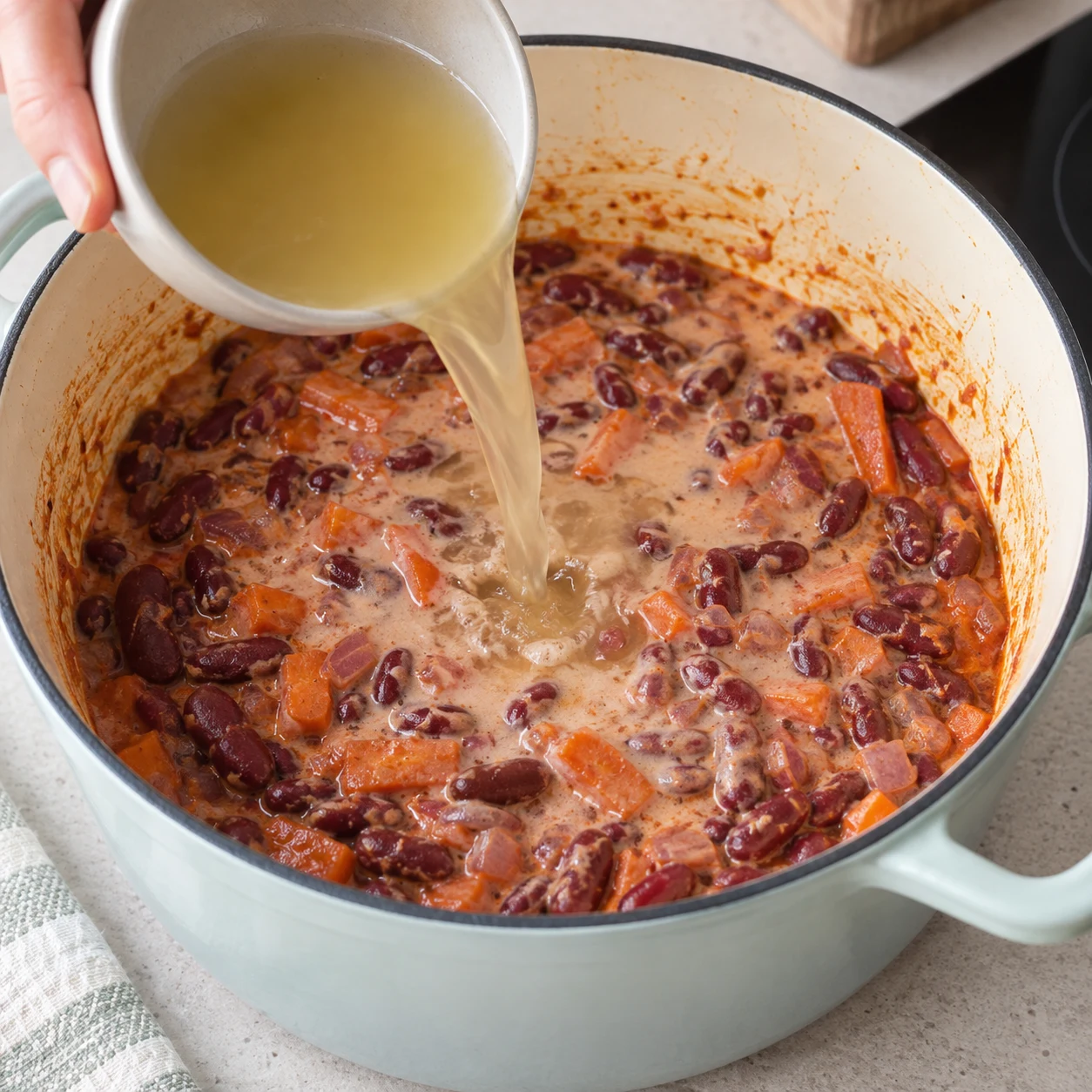 Une seule action : verser un petit bol de bouillon clair dans la cocotte de haricots rouges, carotte, oignon, ail, concentré de tomates, sirop d’érable, épices et lait de coco. Cube entièrement dissous, aucun cube sec visible, aucun topping ni riz.