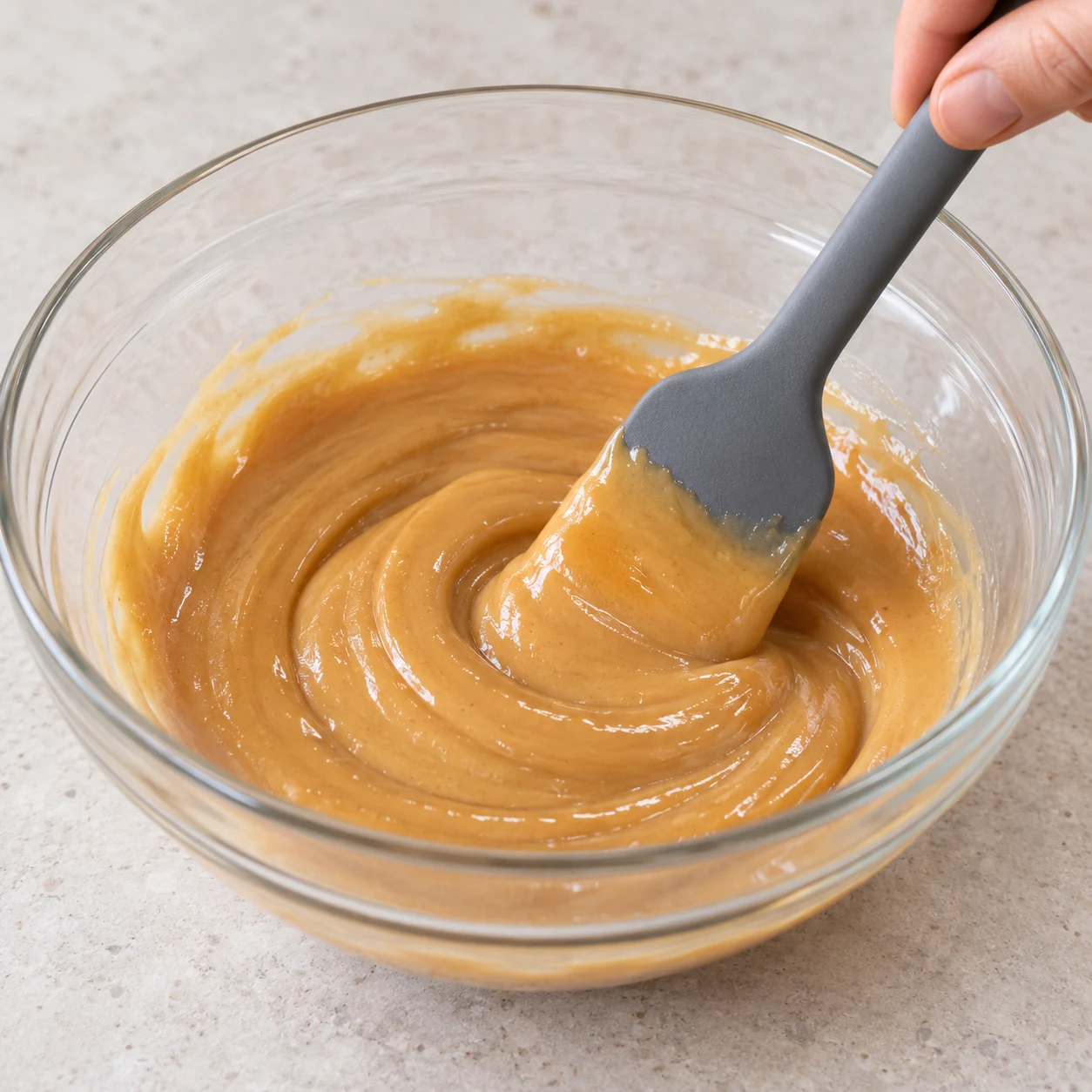 Saladier de beurre de cacahuète et sirop doré mélangés à la spatule.