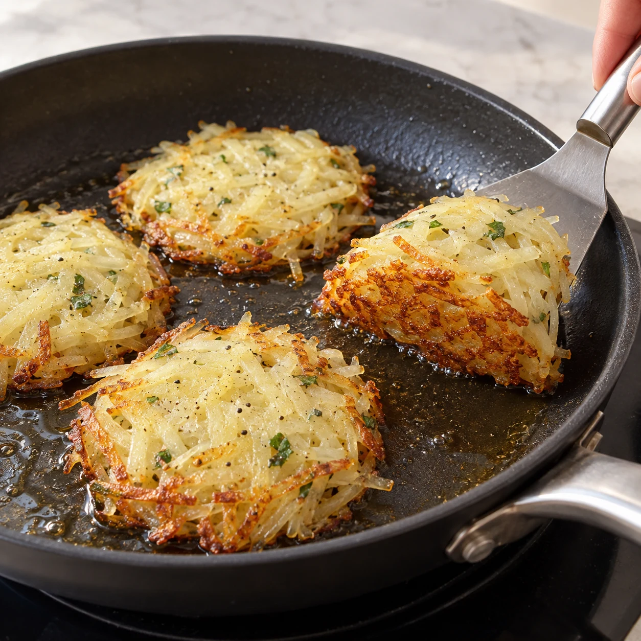 Petites galettes de pommes de terre en cuisson dans une poêle légèrement huilée, dessus encore pâle, bord doré, une spatule soulève légèrement une galette.