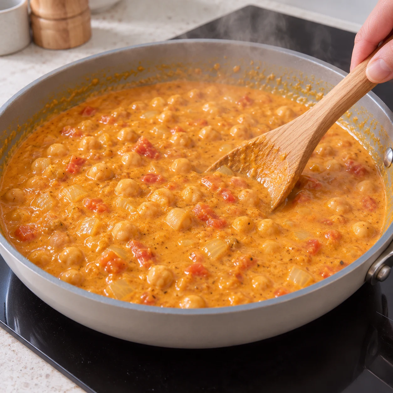 Curry orangé de pois chiches, tomate,coco et oignon en dés mijotant dans la poêle; spatule mélangeant, aucune coriandre encore.