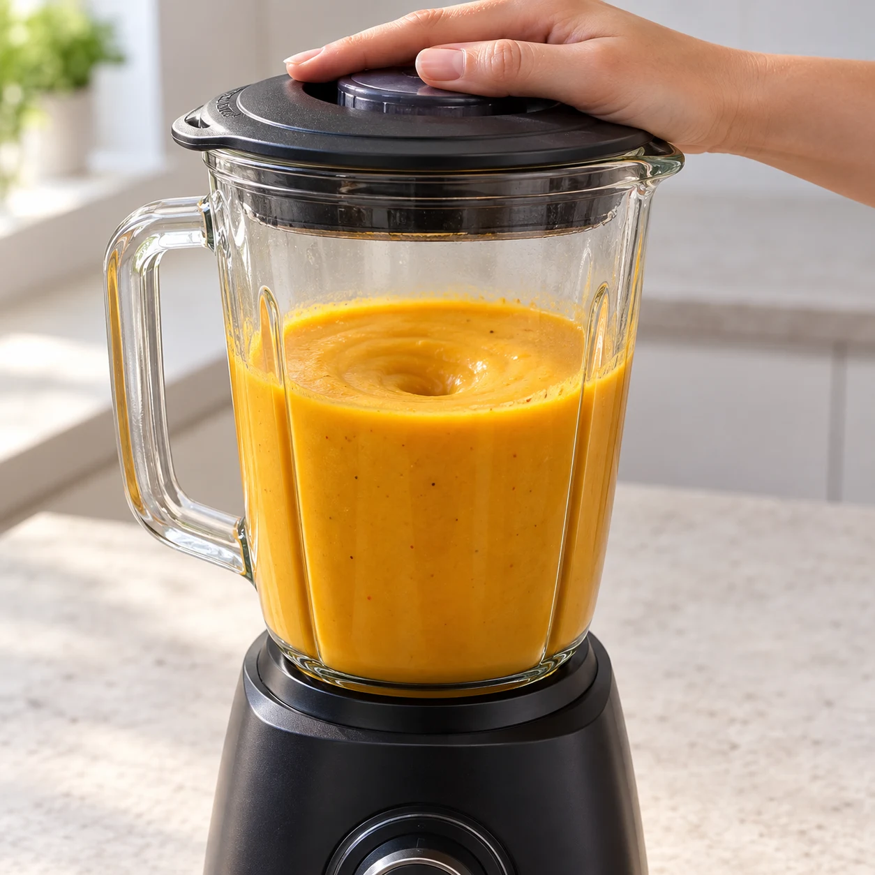 Mixez à nouveau pour incorporer la crème végétale. Montrer uniquement les ingrédients présents à cette phase.