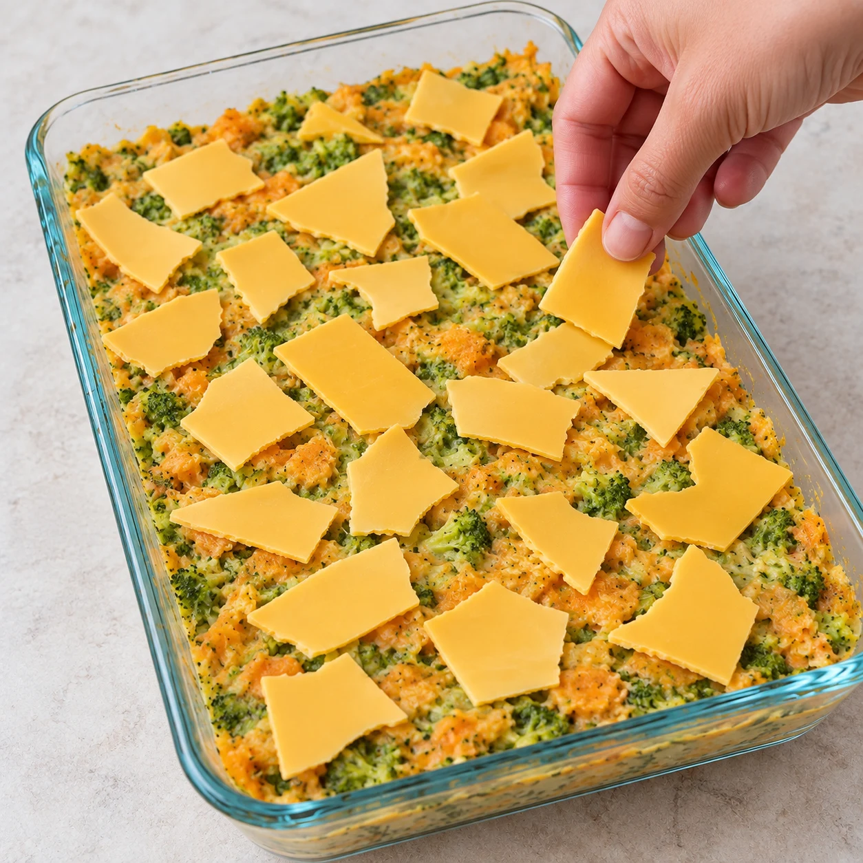 Une main adulte anonyme pose des morceaux plats de tranchettes végétales jaune orangé sur l’écrasé vert et orange, avant cuisson ; ni filaments de fromage ni mozzarella.