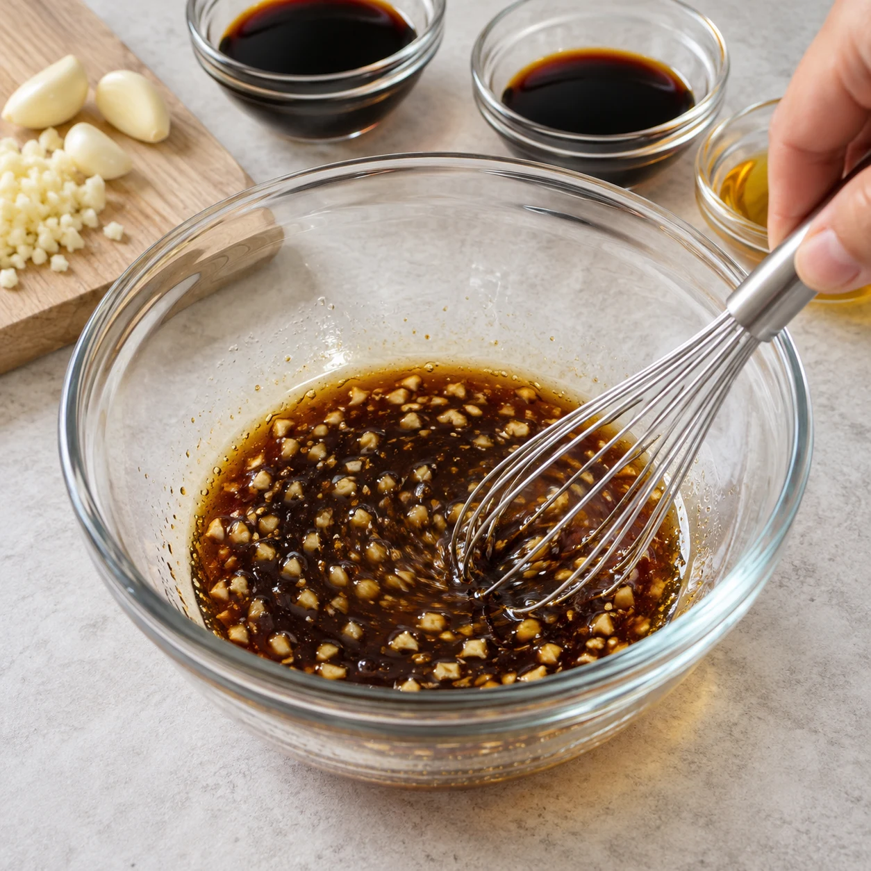 L’ail est réparti dans le mélange de sauce soja et d’huile.