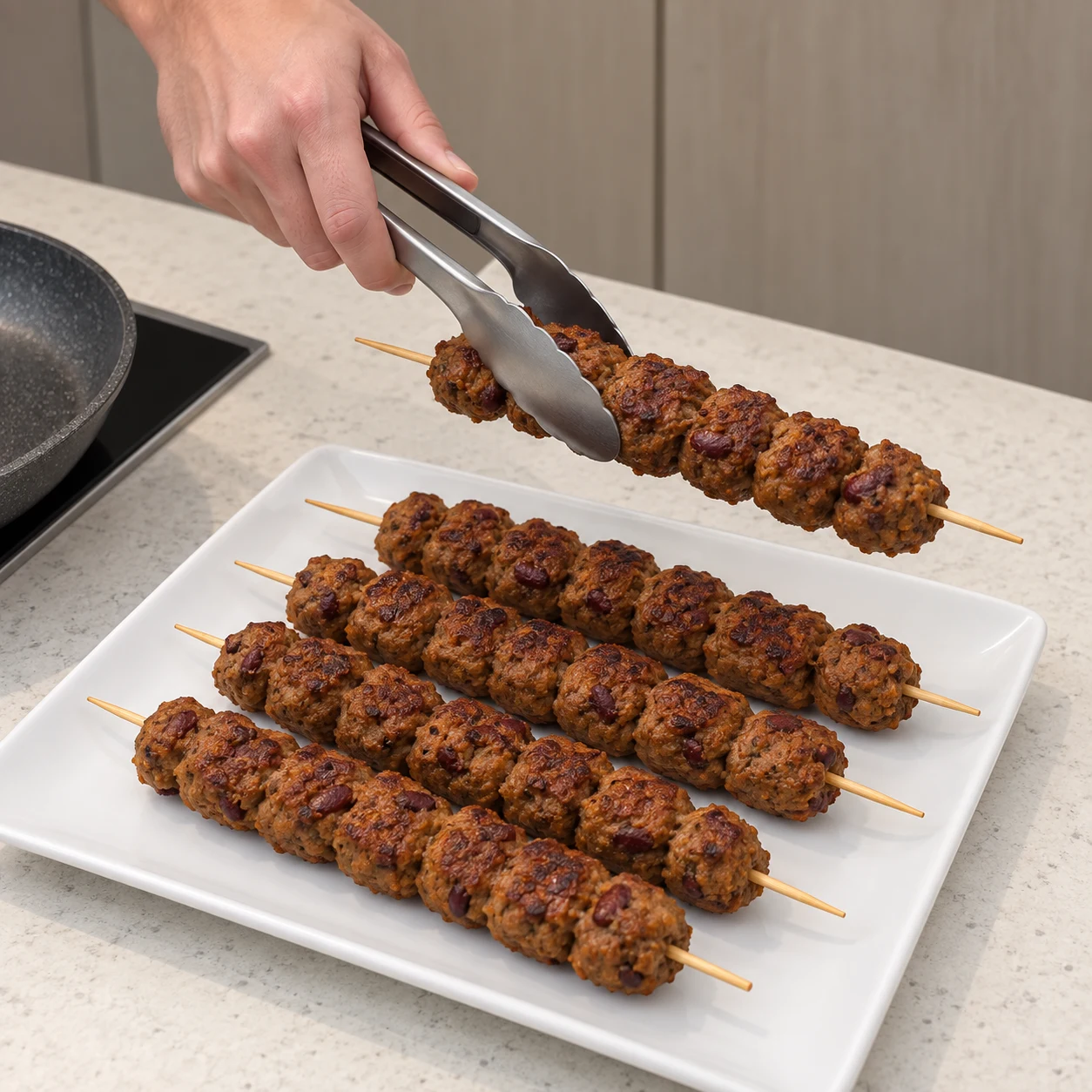Six brochettes seules, brunies, chacune composée de petites boules, sur une assiette blanche sans garniture.