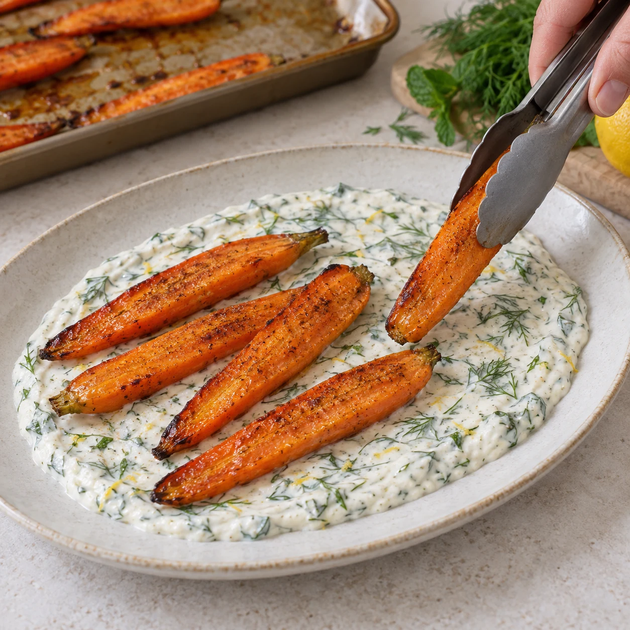 Une main avec pince dépose des demi-carottes rôties sur la sauce blanche aux herbes, sans graines. Cumin moulu seulement, pas de graines de cumin.