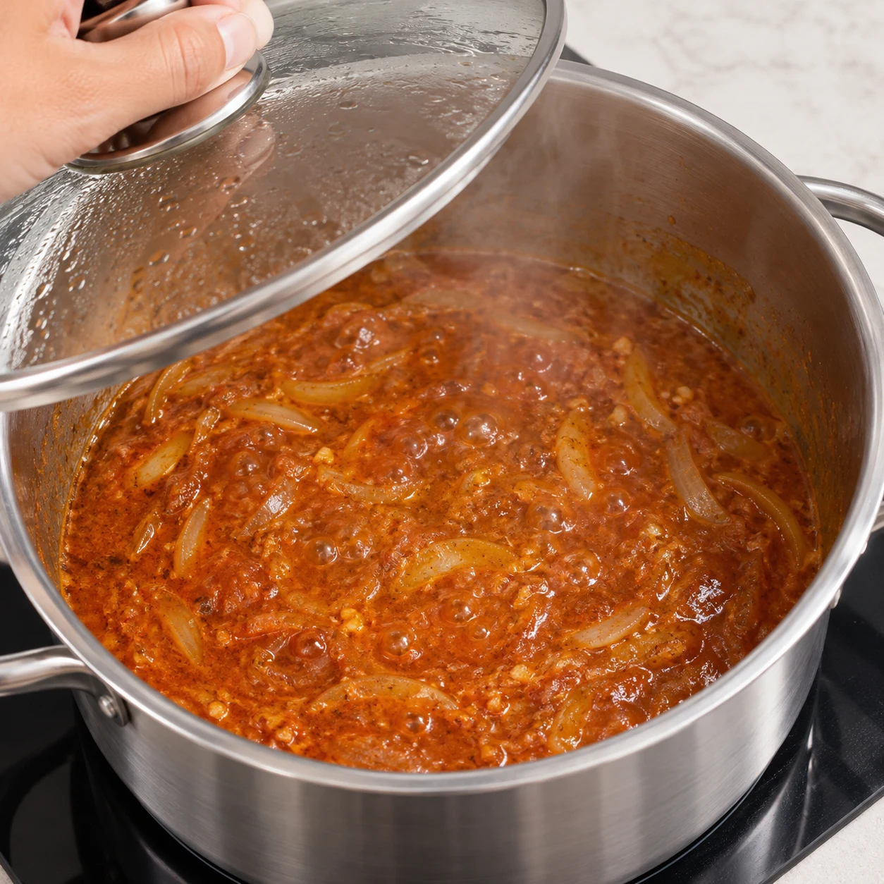 Photographie culinaire carrée de cette seule action : Laisser mijoter la sauce. Sauce légèrement réduite, avec un frémissement doux. Aucun poulet ni produit animal.