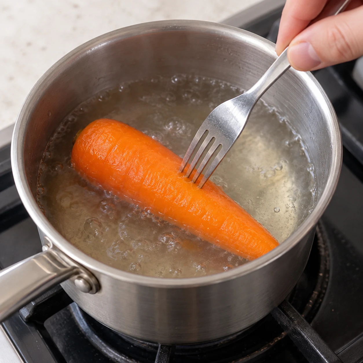 Montrer une carotte cuite entière, seule dans une petite casserole neutre. La cuisson non filmée vient de la recette d’origine ; ne pas prétendre reproduire un geste de la capture, qui montre seulement la sauce finale.