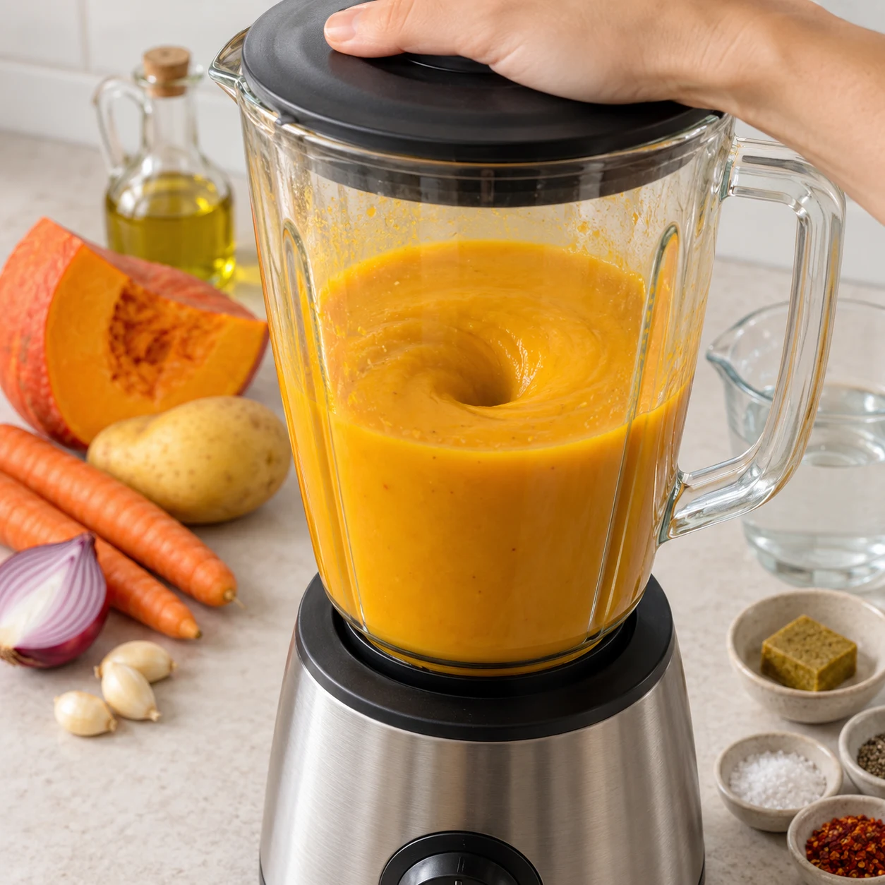 Mixez les légumes cuits et leur bouillon jusqu’à obtenir une soupe lisse. Si vous utilisez un blender, respectez sa notice pour les liquides chauds. Montrer uniquement les ingrédients présents à cette phase.