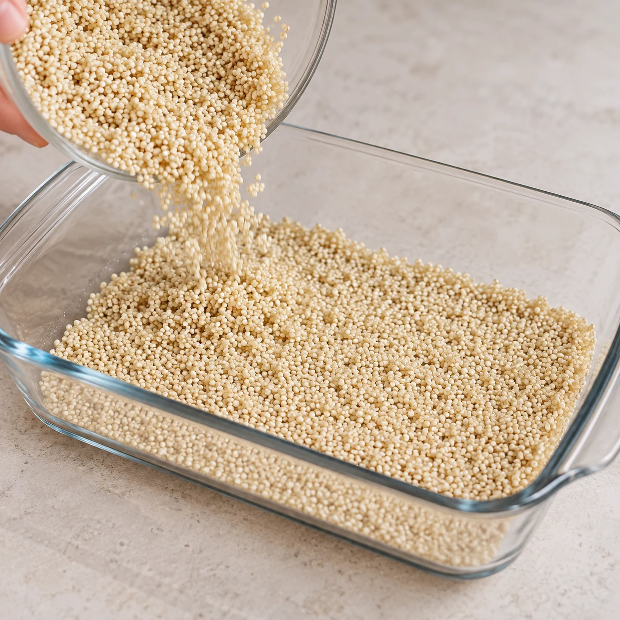 Dépose le quinoa rincé dans le fond d’un plat à gratin. Montrer uniquement les ingrédients déjà introduits ; cadrage rapproché, mains anonymes si utiles.