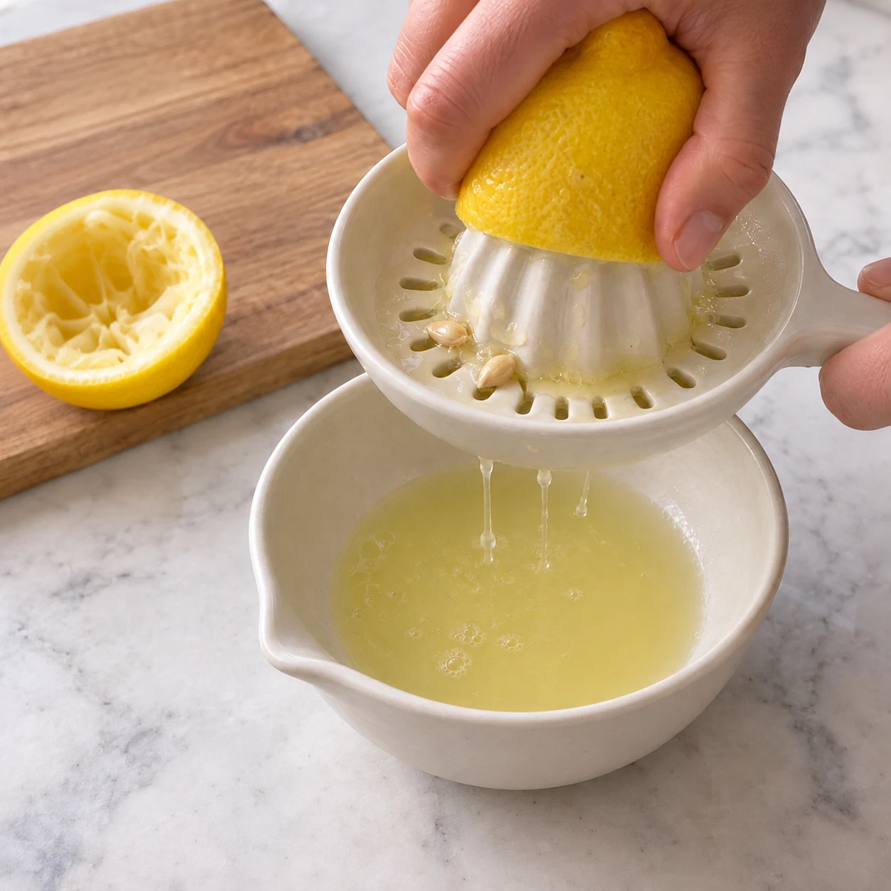Presser le citron ; Le jus est recueilli sans pépins.