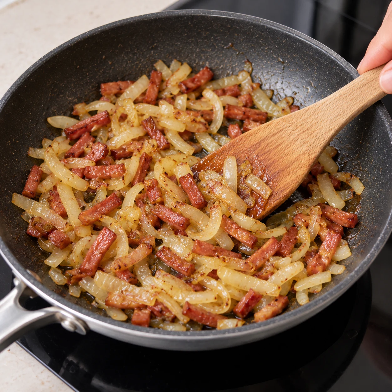 Dorer l’oignon et les lardons végétaux : L’oignon est tendre et le mélange commence à dorer.