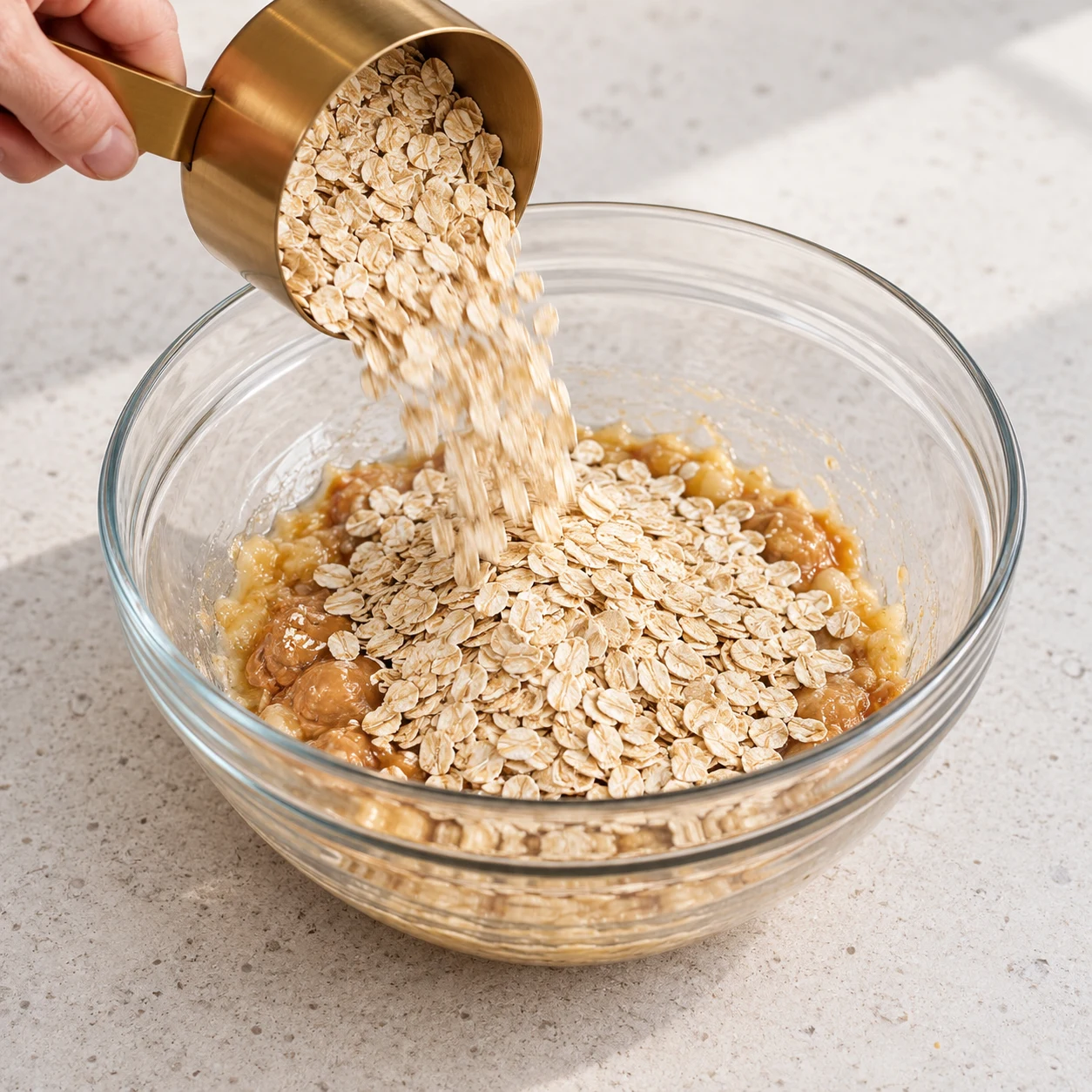 Versez les 90 g de flocons d’avoine dans le saladier. Une seule phase, texture fidèle à la recette d’origine, plan de travail pierre pâle et vaisselle neutre ; mains anonymes seulement.