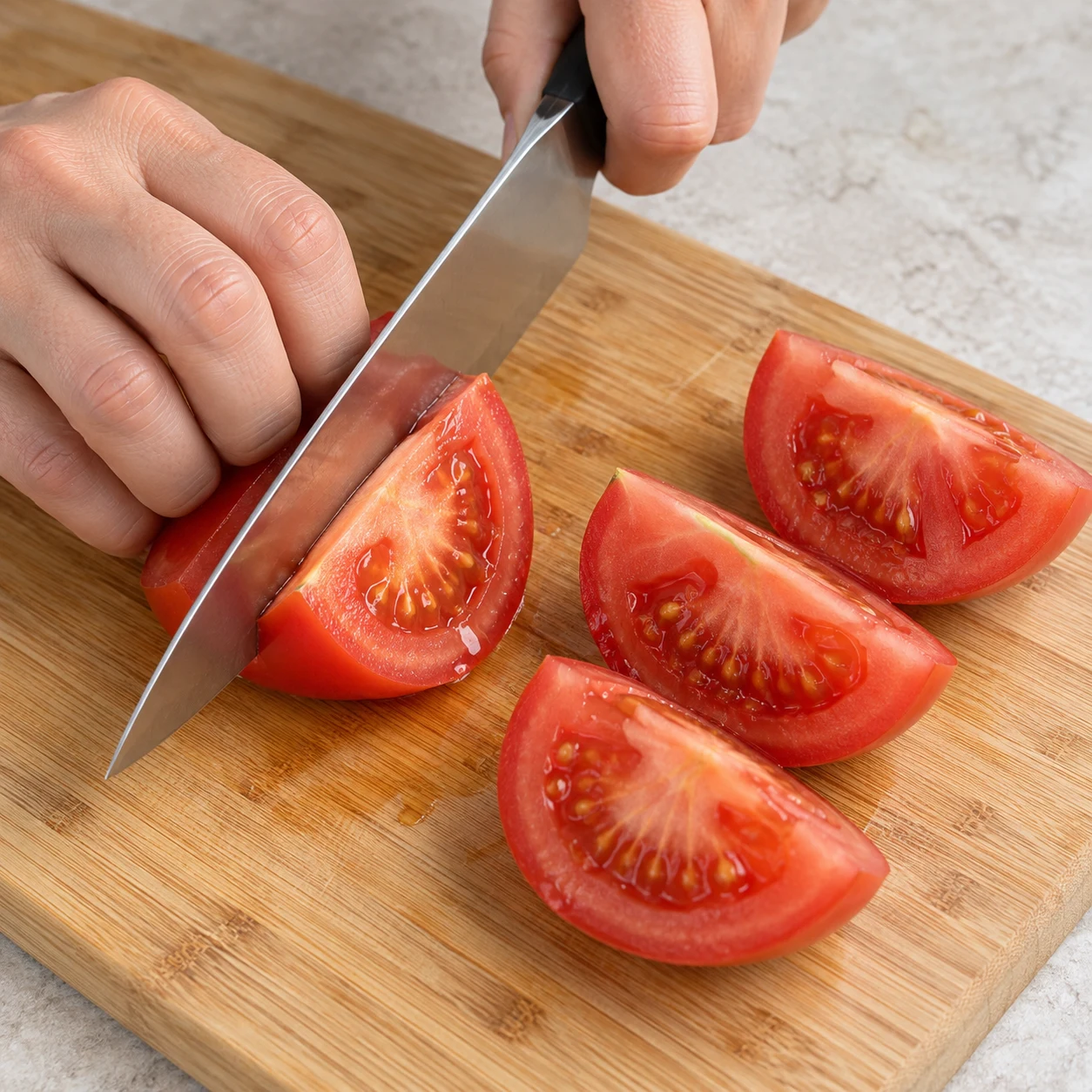 Une seule action : Couper la tomate. Les quartiers de tomate sont prêts pour la sauce. Version végétale aux pois chiches, aucune viande, aucun seitan, aucun tofu.