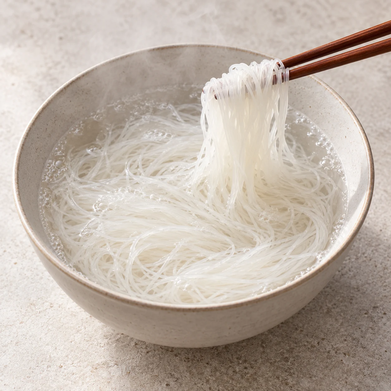 Une seule action : Réhydrater les vermicelles. Les vermicelles sont souples et ne présentent plus de cœur rigide. Seulement Vermicelles de riz secs. Toute enveloppe est de la laitue verte opaque. Supprimer toute feuille de riz et toute crevette de la capture de référence.