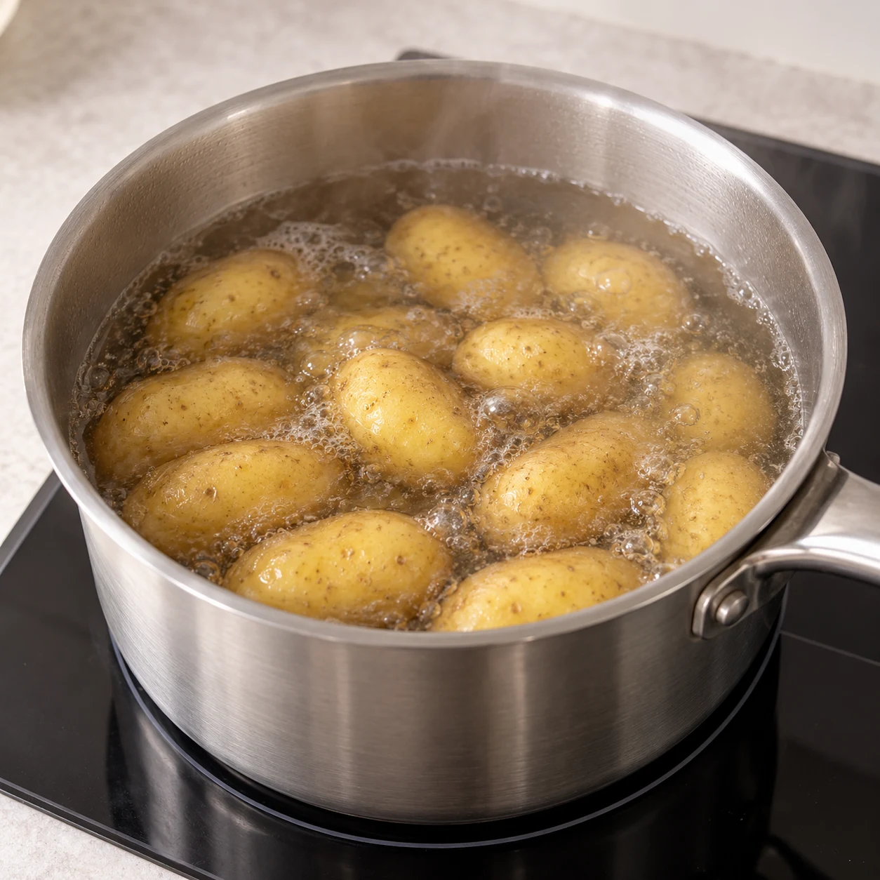 Casserole d’eau avec petites pommes de terre entières à peau fine en cours de précuisson.