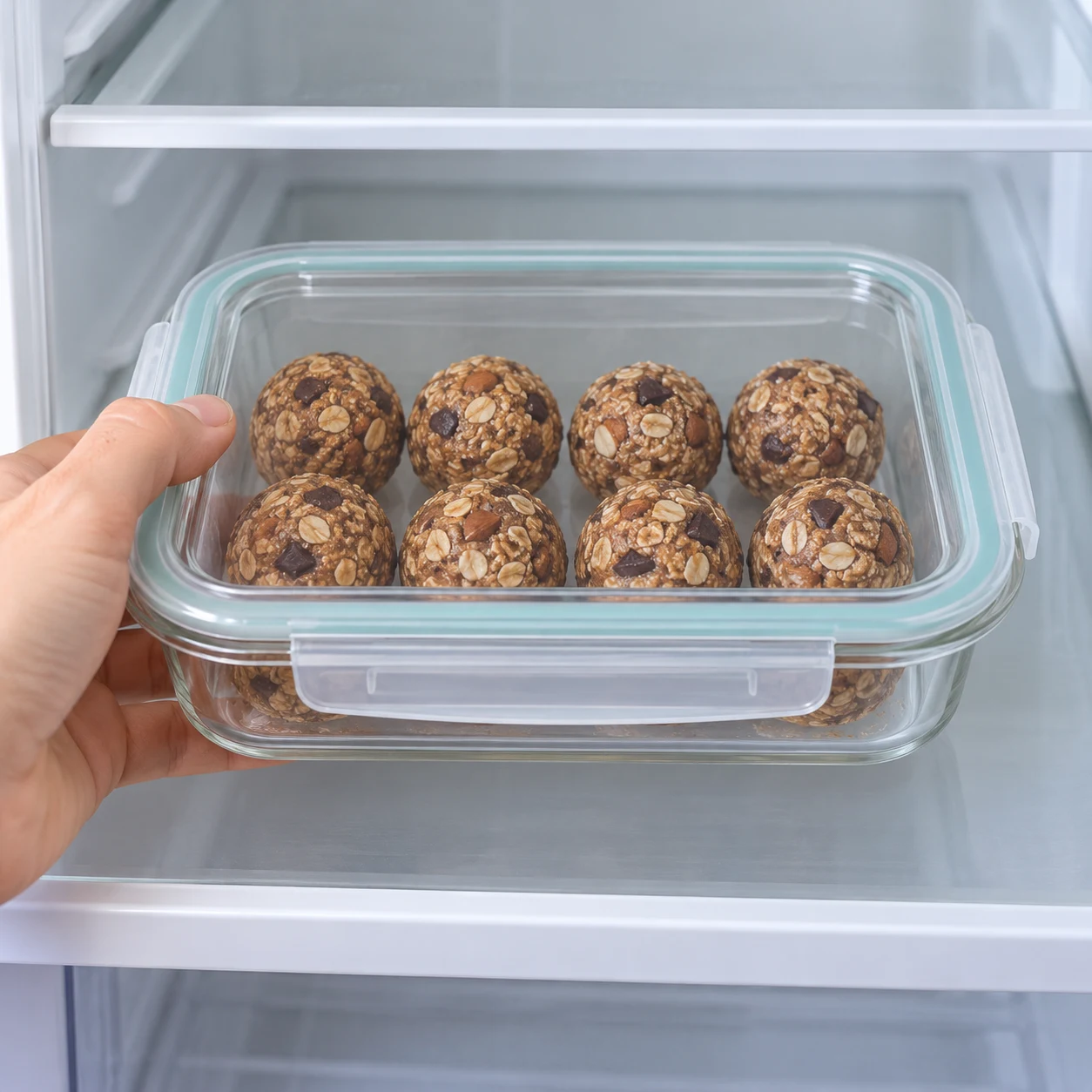 Boîte hermétique transparente avec huit boulettes, mise au réfrigérateur par des mains anonymes.