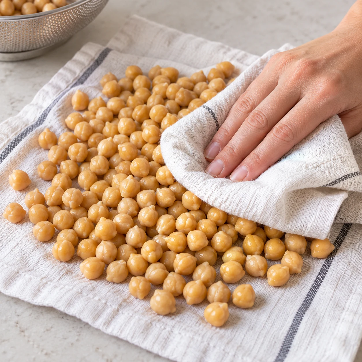 Sèche les pois chiches avec un torchon propre.
