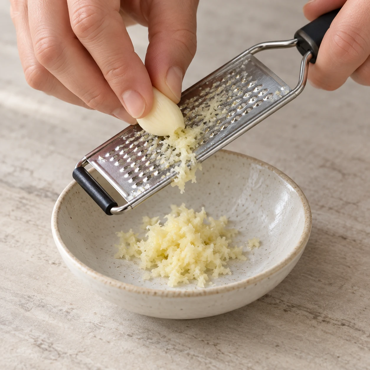 Râper l’ail. L’ail est finement râpé et prêt à être mélangé. Respecter la capture source ; chorizo et cheddar uniquement végétaux, aucune autre garniture.