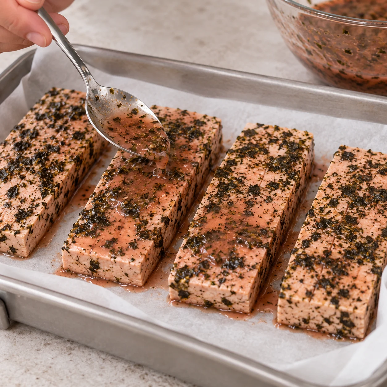 Une main verse à la cuillère un peu de marinade rose sur un filet posé sur une plaque, sans citron à cette étape.