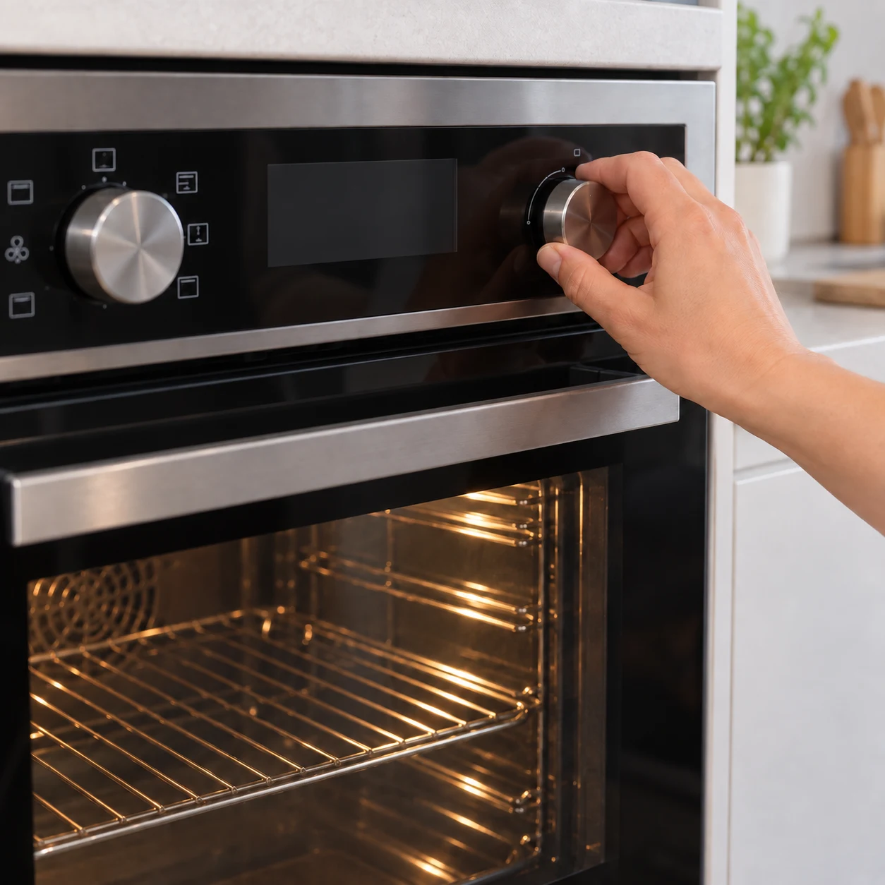 Une main adulte anonyme règle la commande d’un four moderne ; cadrage serré, sans caractères lisibles, sans aliments ni emballage. La température de 210 °C figure dans l’instruction, pas en texte ajouté à la photo.
