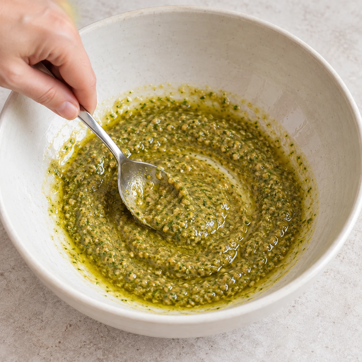 Mélange le pesto, l’huile d’olive et le jus de citron avec une cuillère.