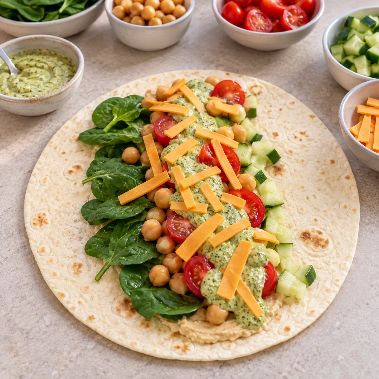 Sauce vert clair et fines lamelles orange de fromage végétal sur le wrap garni de pois chiches.