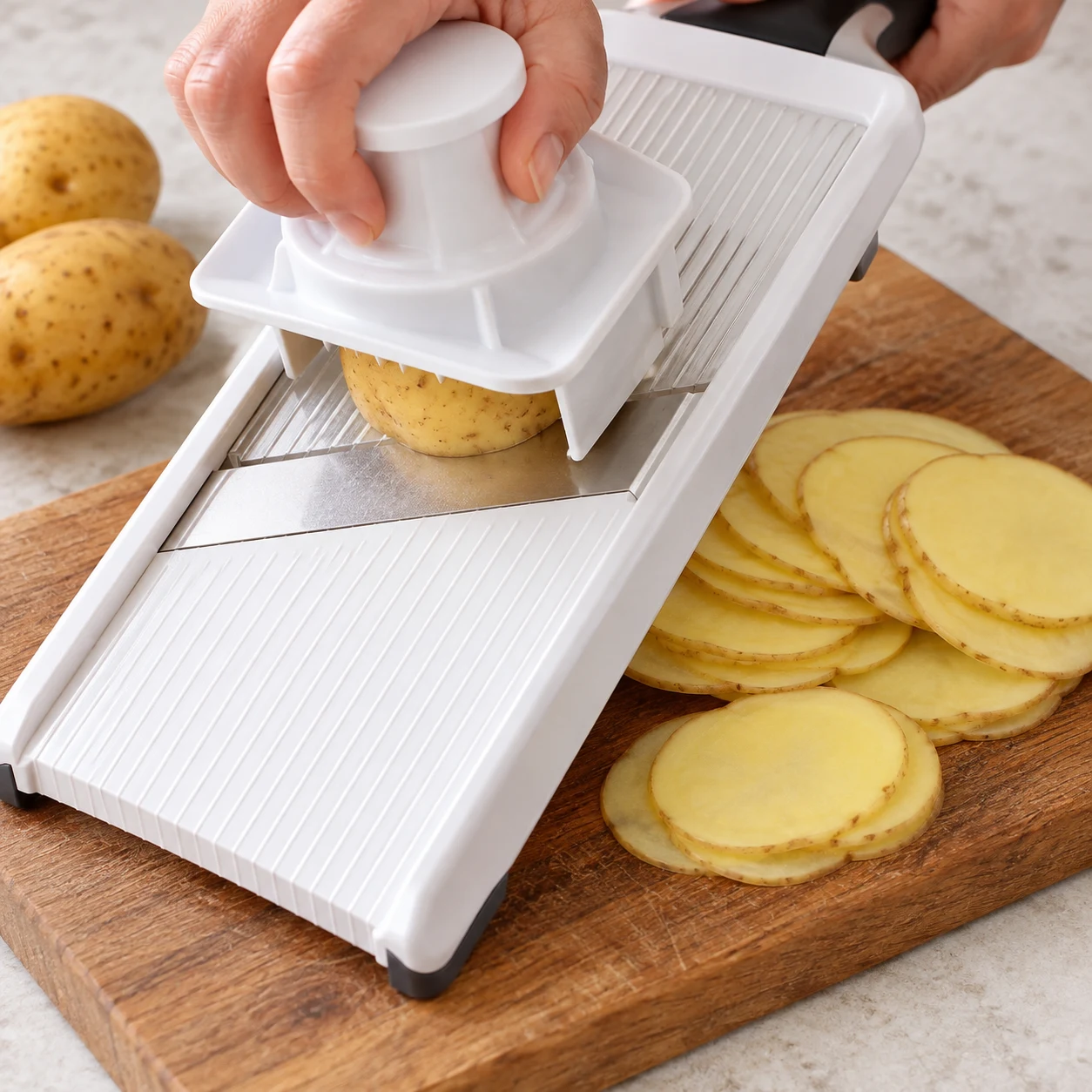 Mandoline munie de son poussoir de sécurité, fines rondelles de pomme de terre avec peau sur planche stable.