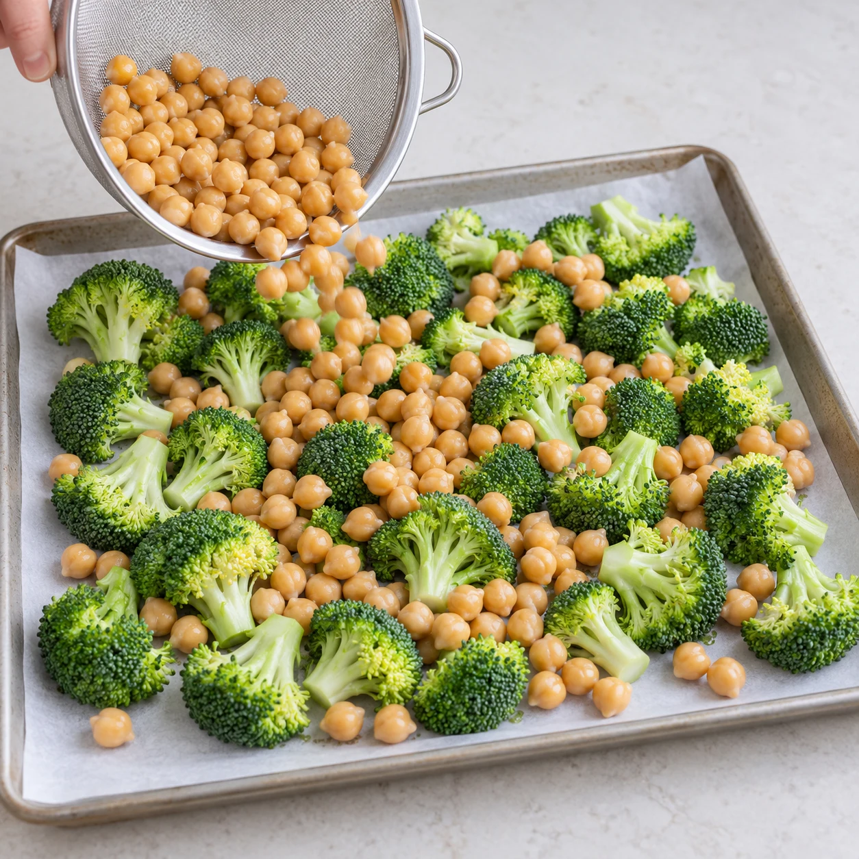 Verser pois chiches depuis passoire sur plaque de brocoli cru.
