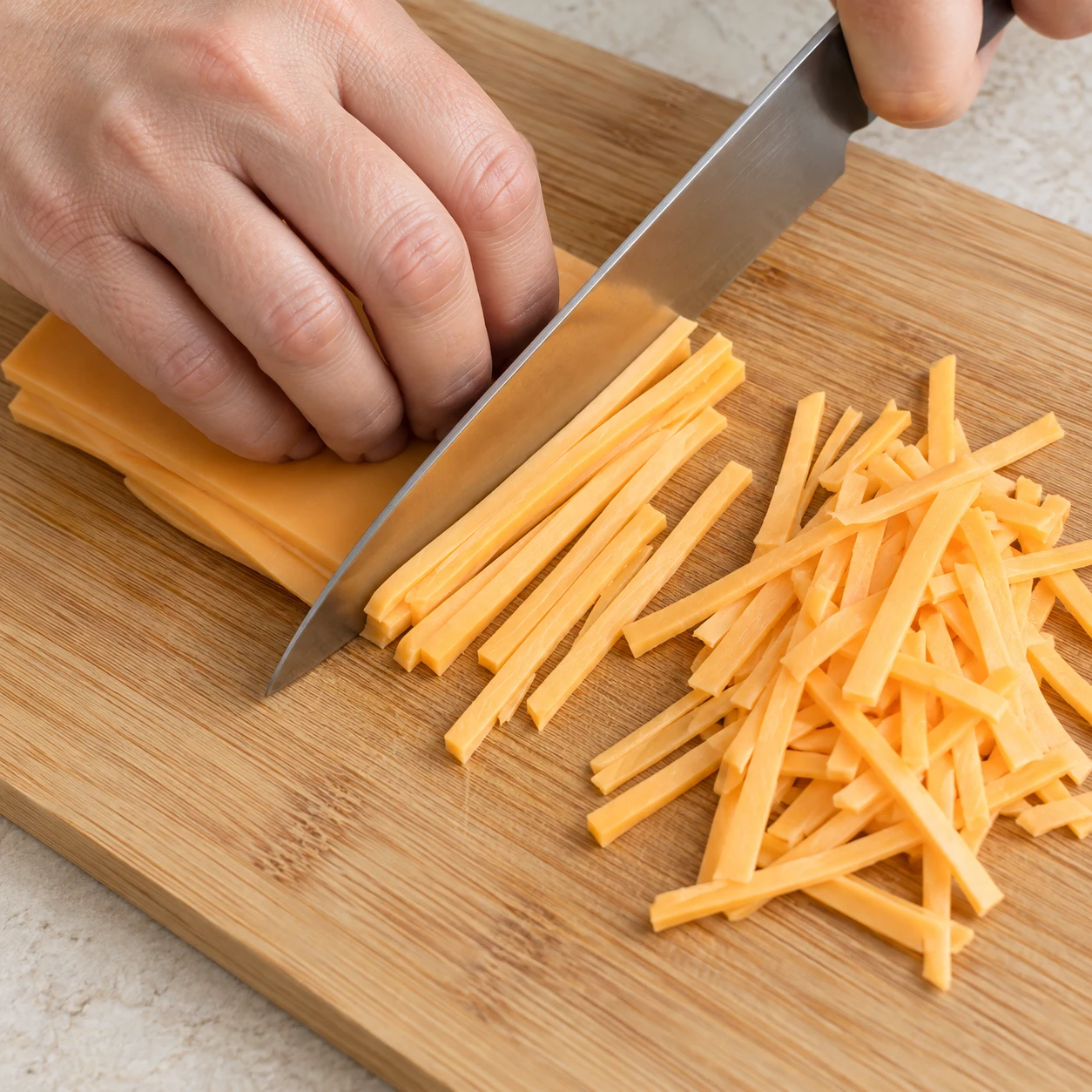 Découpe sûre de fines tranchettes végétales orange pâle en lanières sur une planche, doigts repliés.