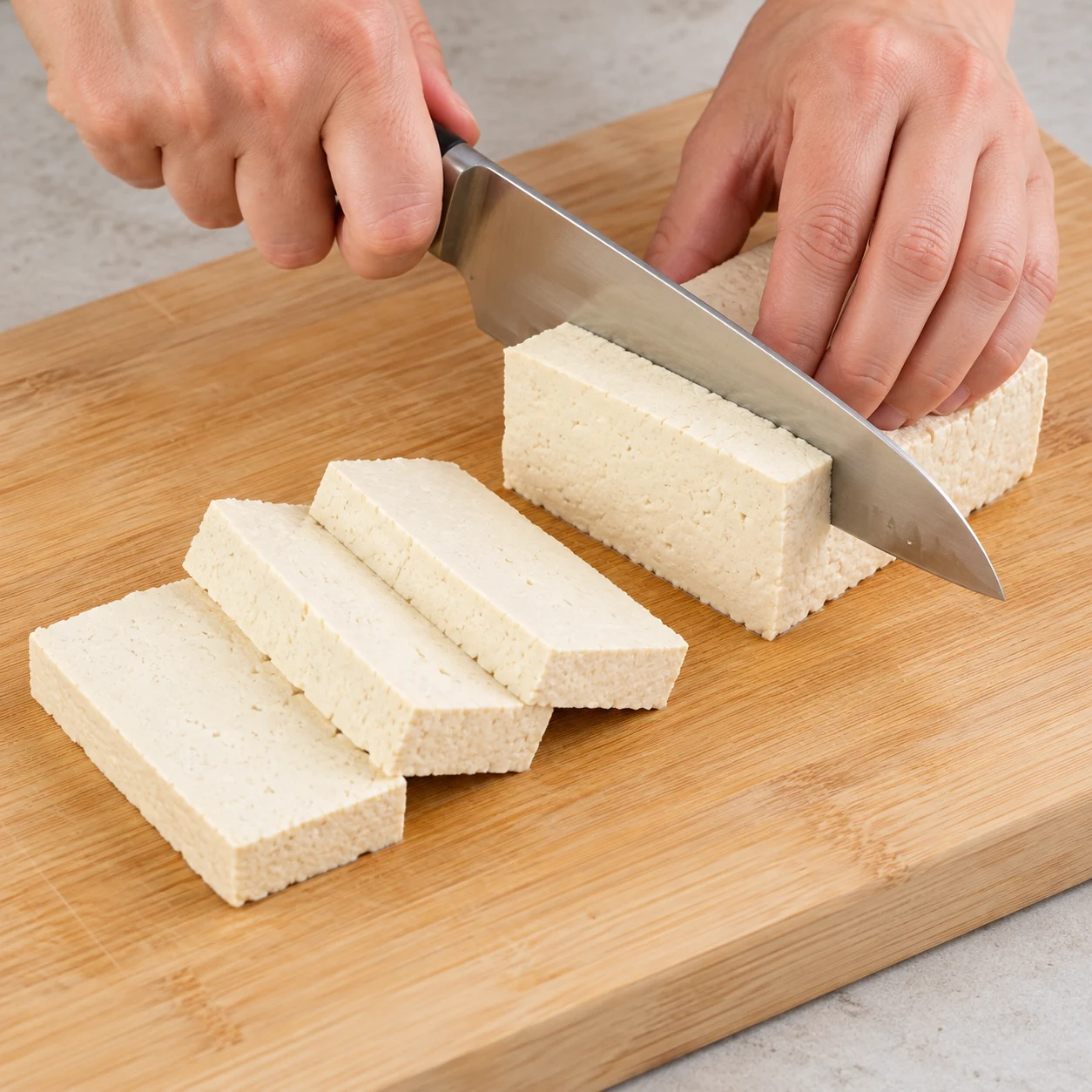 Trancher le tofu. Les tranches épaisses restent entières et de taille régulière.. Ne montrer que tofu à cette phase ; lumière naturelle, mains anonymes sans accessoires, aucun texte ni visage.