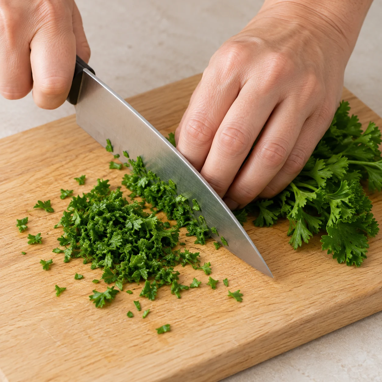 Une main adulte cisèle des feuilles de persil frais sur planche, geste sûr ; aucune sauce présente.