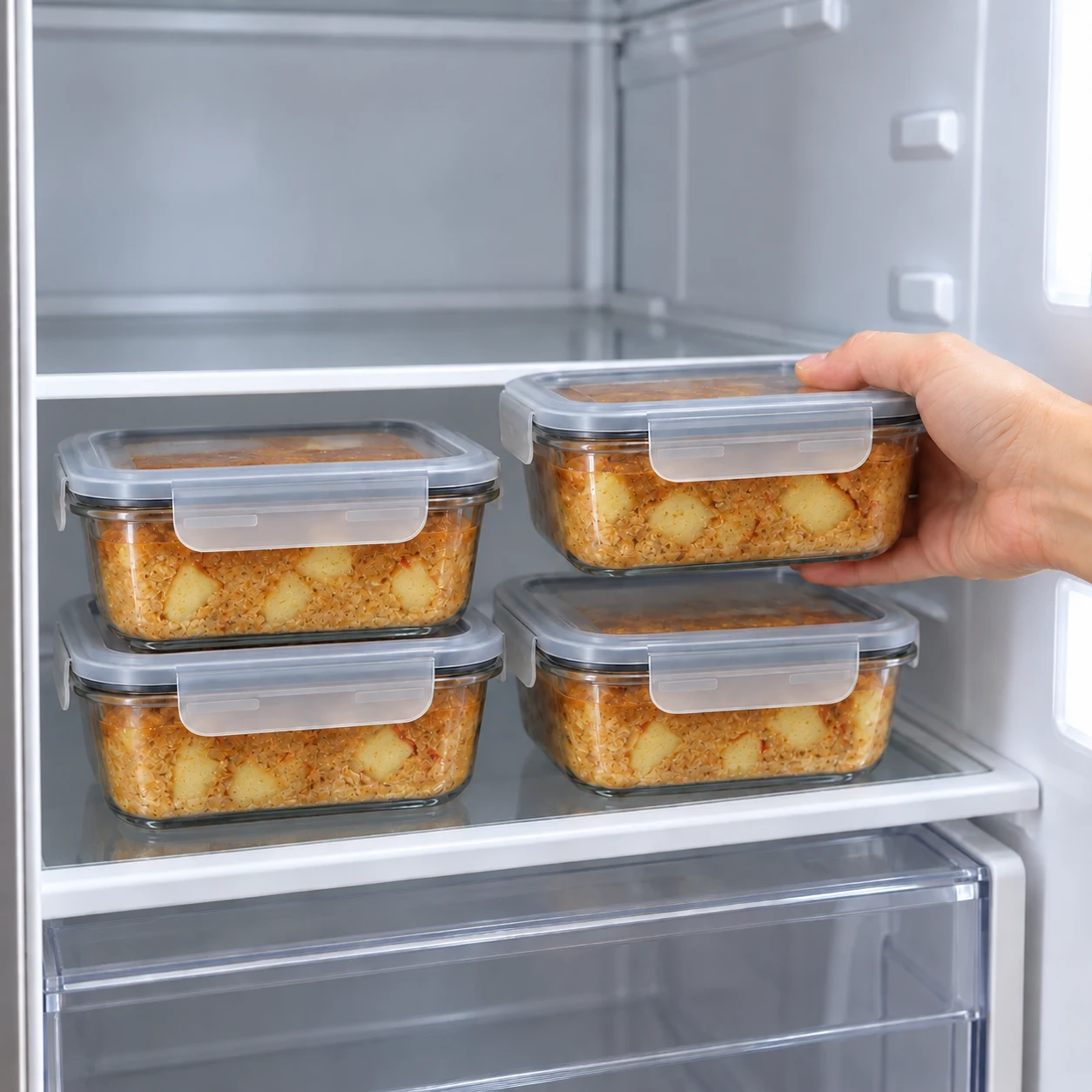 Une main adulte anonyme range quatre contenants rectangulaires en verre fermés, avec bowls pomme spéculoos visibles, sur une étagère de réfrigérateur propre.