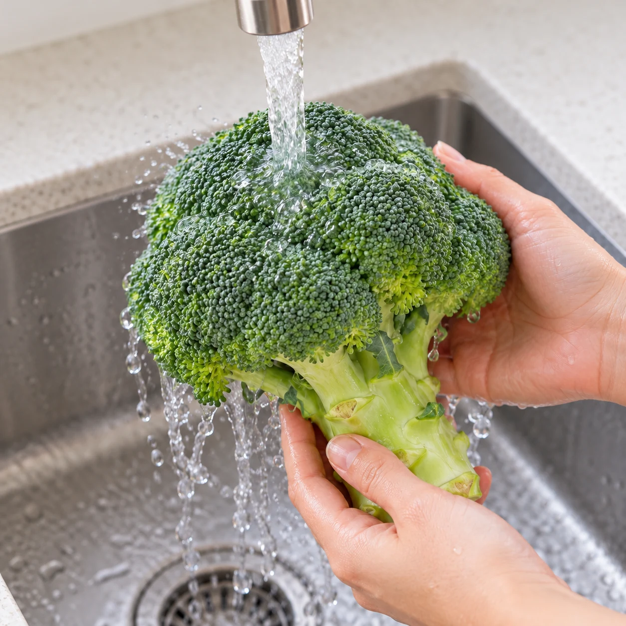 Brocoli entier frais sous un filet d’eau, mains anonymes.