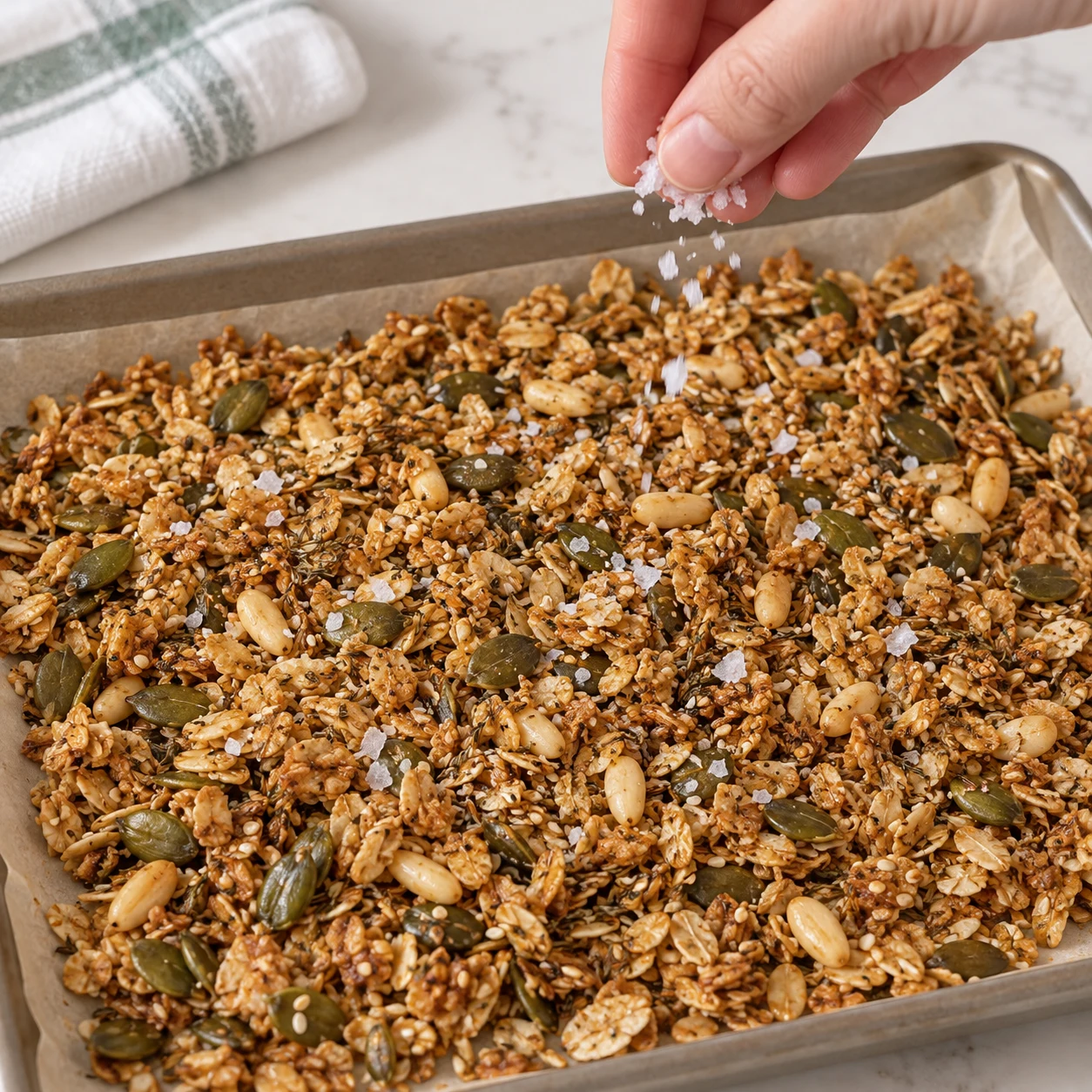 Ajoute 2 pincées de fleur de sel au lot de granola refroidi. Ne montrer que le granola, aucune tomate ni base blanche. Geste décrit par la recette d’origine, non filmé.