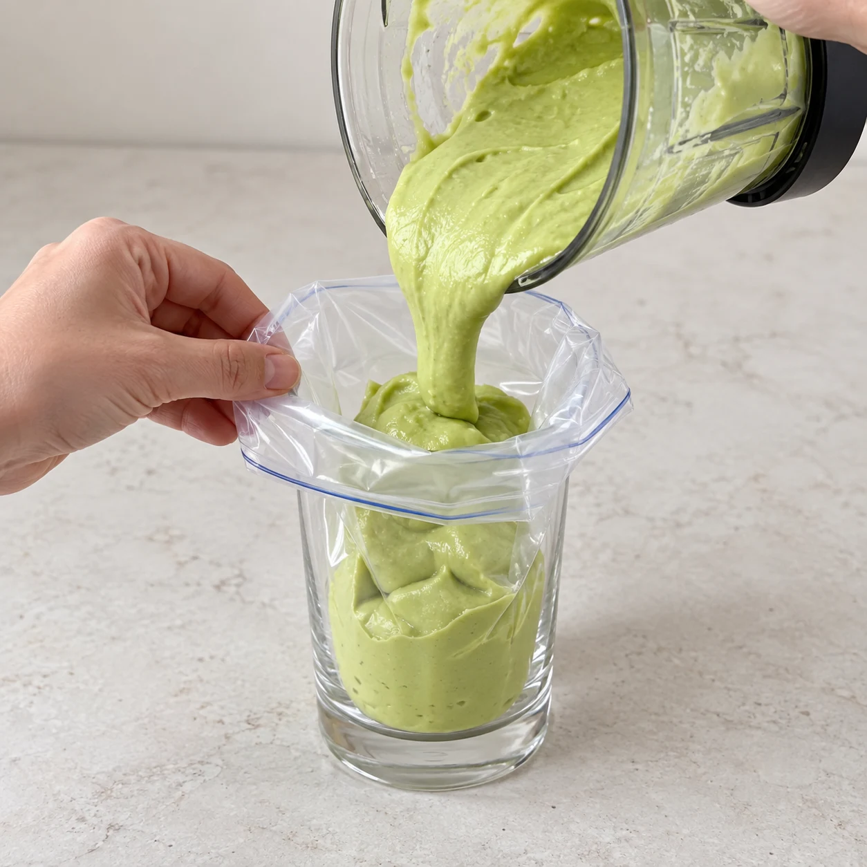 Crème verte transvasée du mixeur dans un sac alimentaire transparent ouvert.