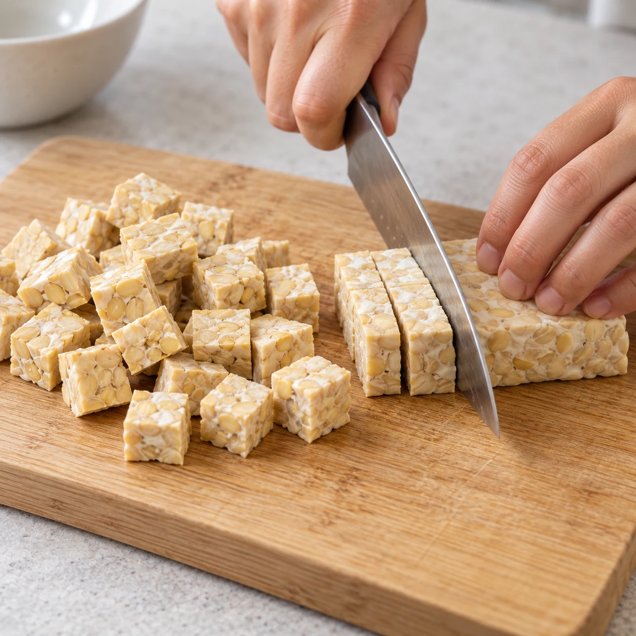 Tempeh beige à grains de soja visibles coupé en cubes sur planche.