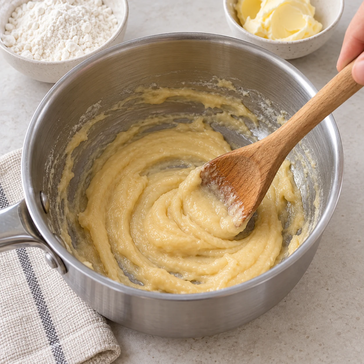 Incorporez les 30 g de farine à la margarine fondue et remuez pour former un roux homogène.