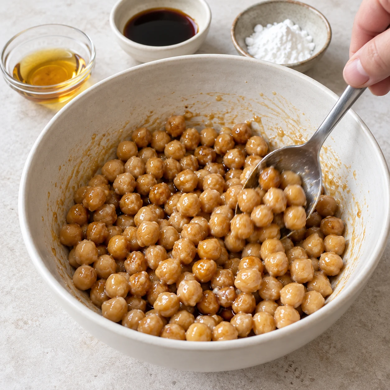 Mélange les pois chiches avec 1 c. à soupe d’huile de sésame, 1 c. à soupe de sauce soja et 1 c. à café de fécule de maïs.
