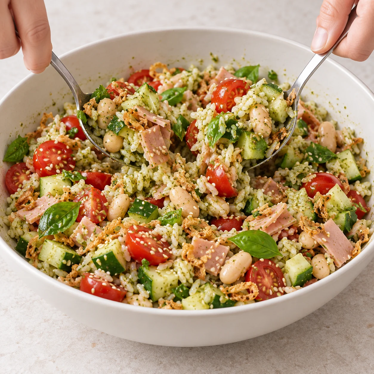 Mélange la salade avec deux cuillères pour répartir la sauce.