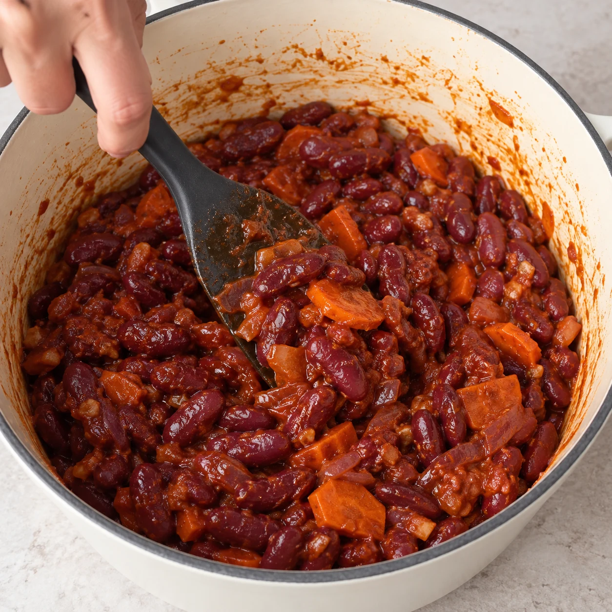 Une photographie carrée : Incorpore les 400 g de haricots rouges cuits à la base et remue délicatement. Résultat : Les haricots rouges sont enrobés de la base tomatée.. Aucun ingrédient futur. Le Cayenne remplace le piment fumé original ; pas de piment fumé ajouté.