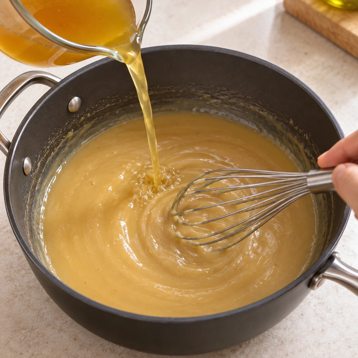 Incorporer le bouillon. Le liquide et le roux forment une sauce homogène sans grumeaux. Une seule photographie carrée, geste et état conformes à la capture ; aucun ingrédient absent de cette étape.
