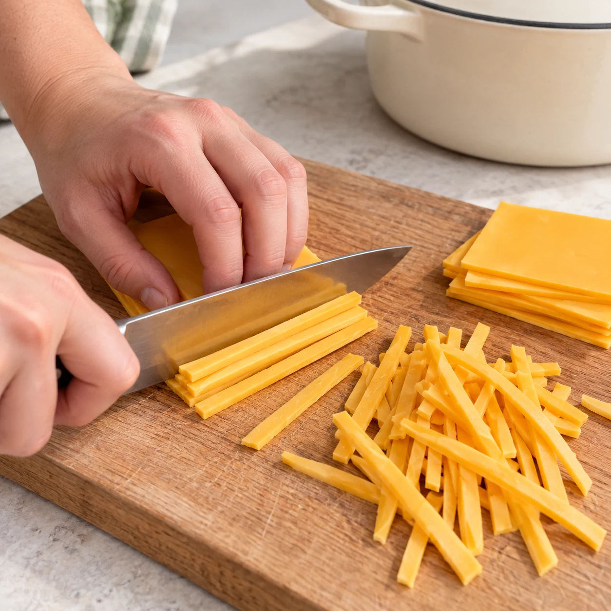 Photographie carrée de livre de recettes, une seule action : Découper les tranchettes végétales. Découpez les 90 g de tranchettes végétales saveur cheddar en fines lanières sur une planche. Ce geste remplace le râpage du bloc de cheddar animal montré dans la recette d’origine. État attendu : Les tranchettes sont découpées en fines lanières faciles à incorporer. Montrer exclusivement Tranchettes végétales saveur cheddar. Cocotte émaillée crème et plan de travail pierre pâle, lumière naturelle. Le bacon, le cheddar et les laitages de la capture source sont remplacés par les ingrédients végétaux documentés. Aucun texte, marque, bijoux, visage, corps ou identité de la personne.