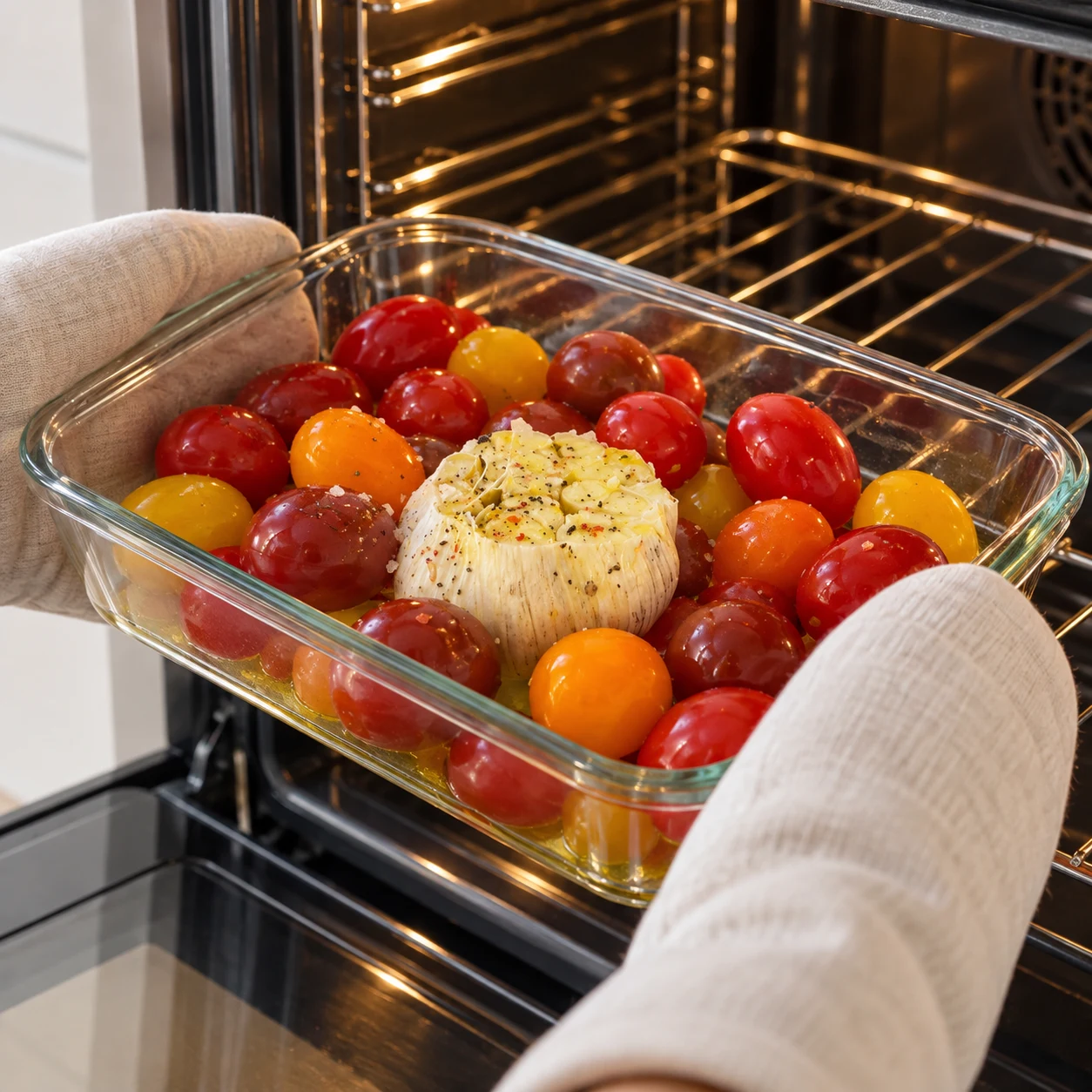 Mains anonymes avec maniques glissant le plat de tomates cerises crues huilées et tête d’ail ouverte dans un four à 200 °C ; aucun ingrédient du houmous.