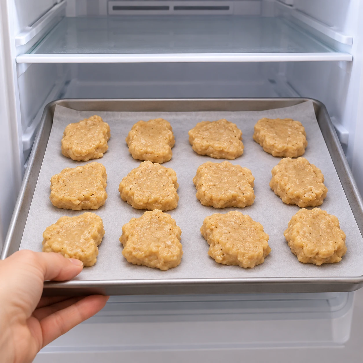 Plateau de nuggets crus sur papier sulfurisé entrant dans un congélateur.