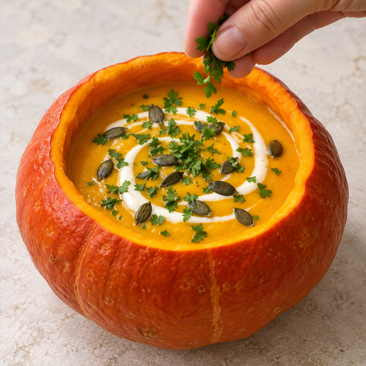 Décorez d’un filet de crème végétale, de persil et de graines de courge. Servez avec le pain à l’ail végétal. Montrer uniquement les ingrédients présents à cette phase.